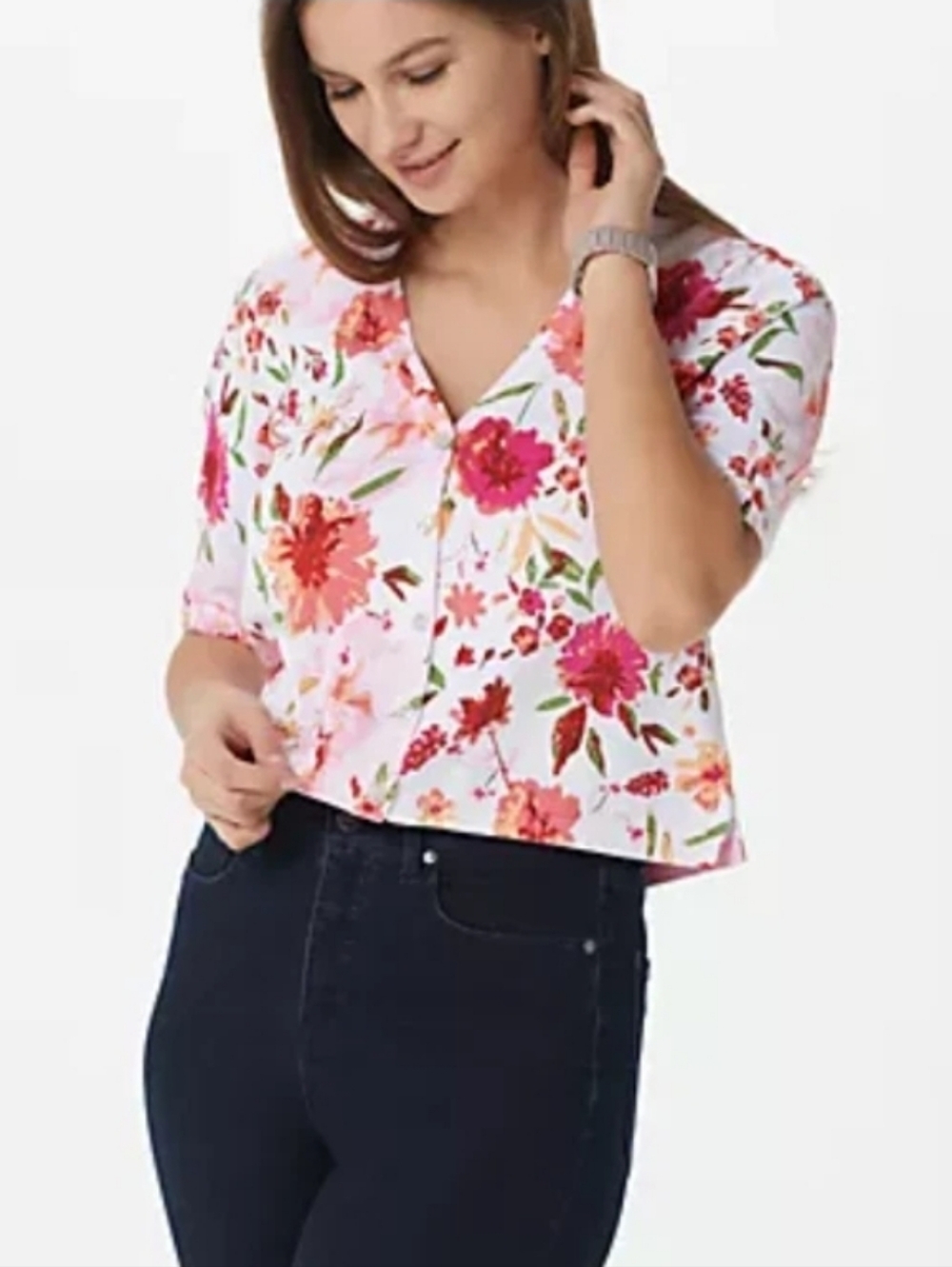 Isaac Mizrahi Live! Floral Pink Button-Front V-Neck Top Cardigan S